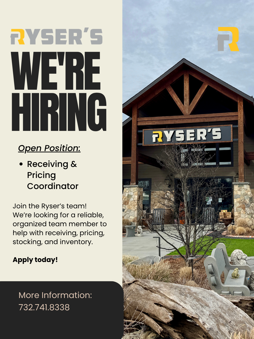 Ryser’s is hiring a Receiving and Pricing Coordinator