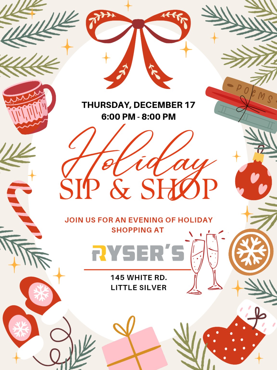 Holiday Sip and Shop December 17 event graphic