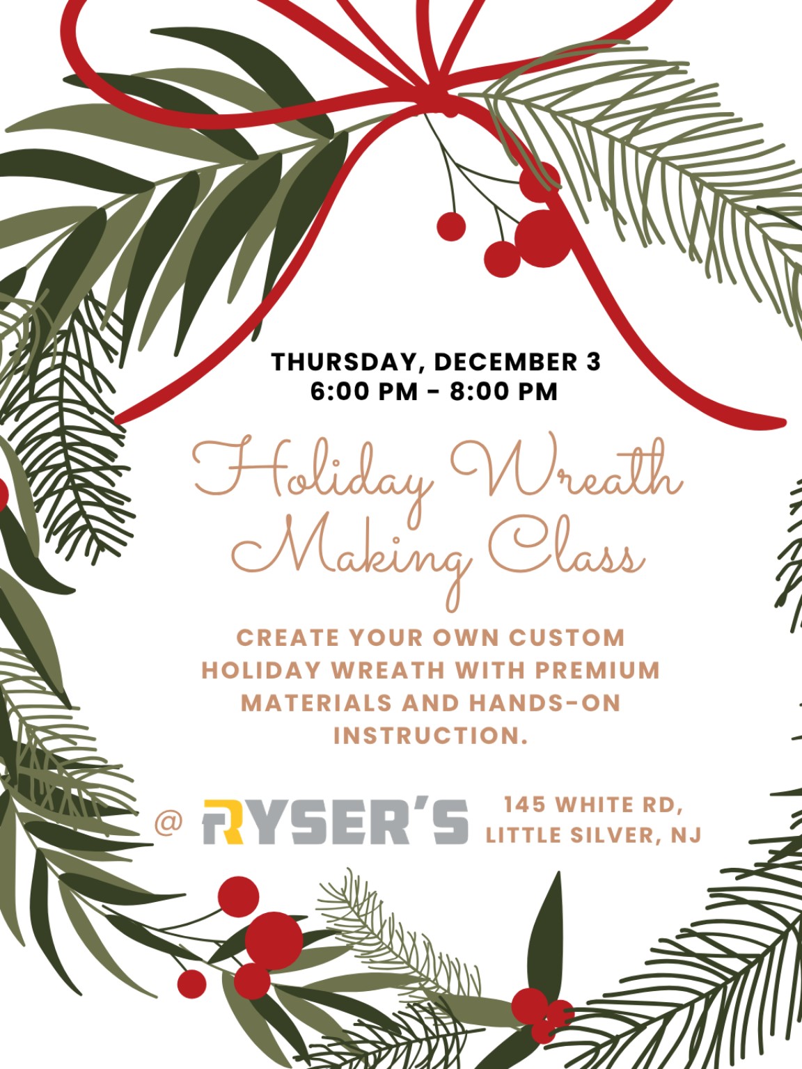 Holiday Wreath Making Class December 3 event graphic